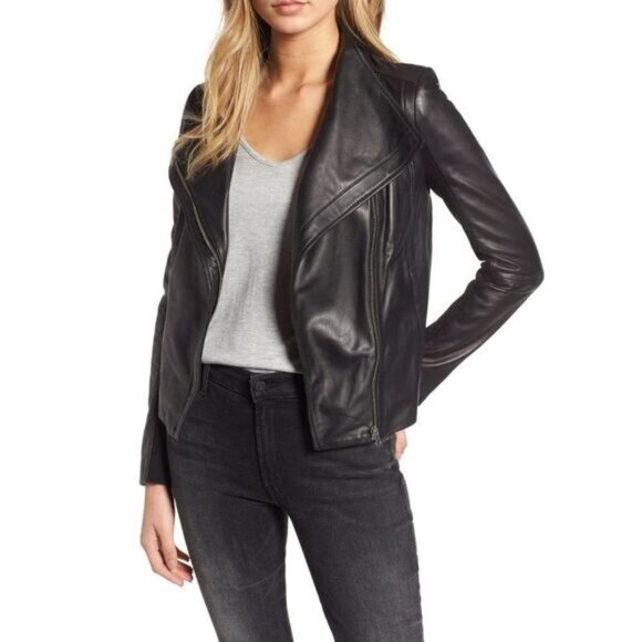 TROUVE Genuine Leather Moto Jacket Side Zip Black Sz XS - Picture 1 of 16